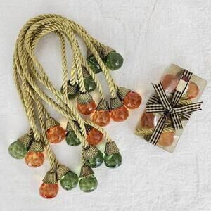 10 Napkin Ring Ties Satin Rope Jeweled Green and orange 1" Faceted on Ends